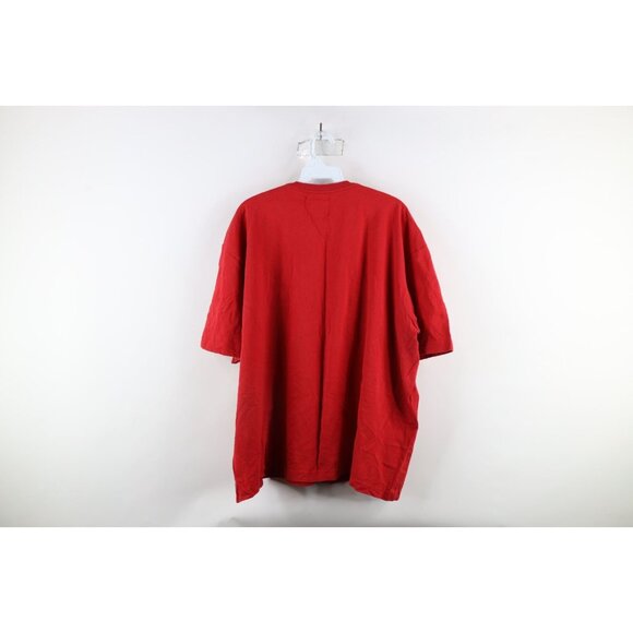 Vintage 90s Guess Mens 2XL Distressed Spell Out Box Logo Trippy T-Shirt Red - Picture 9 of 11